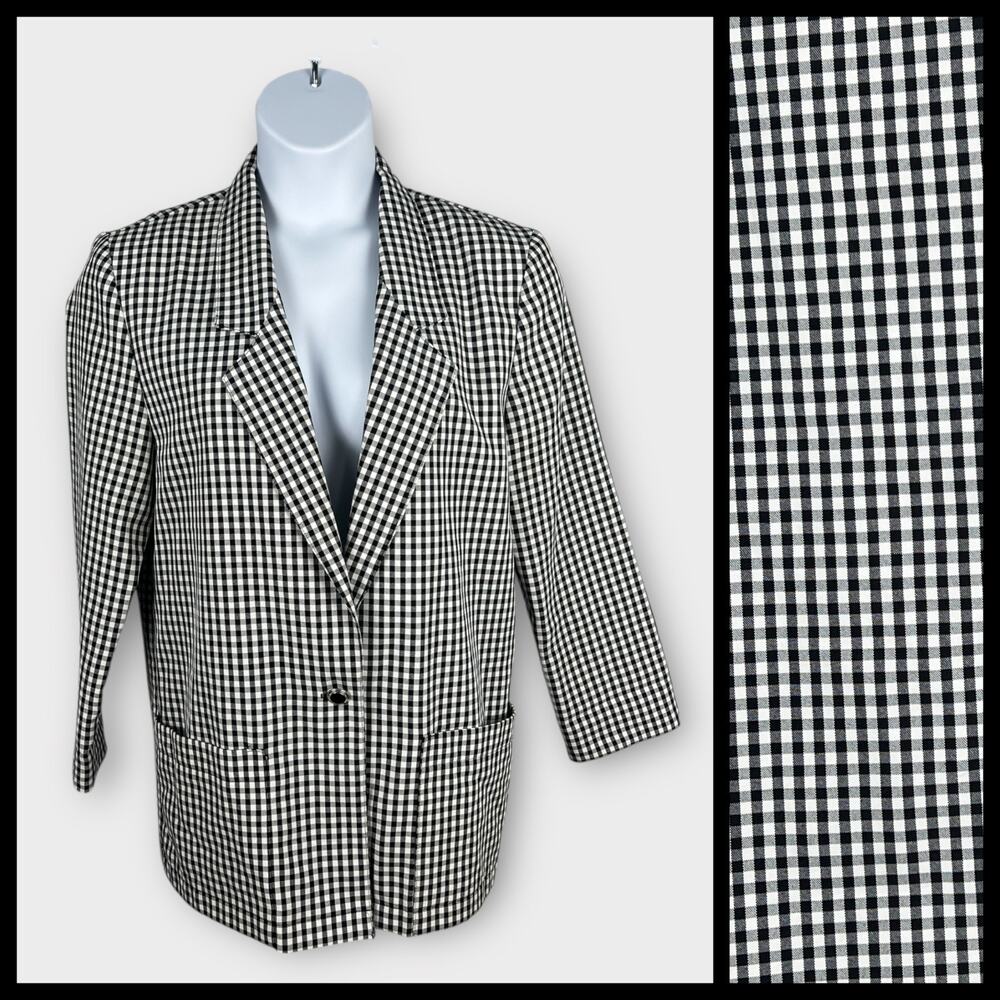 Vtg Cricket Lane Single Button Blazerβ Size 12 Gingham Checked Black White